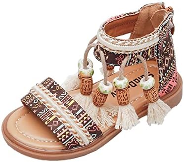 Girls Bohemian Open Toe Sandals with Tassel Beaded Vintage Open Toe Soft Sole Retro Roman Ethnic Style Beach Shoes