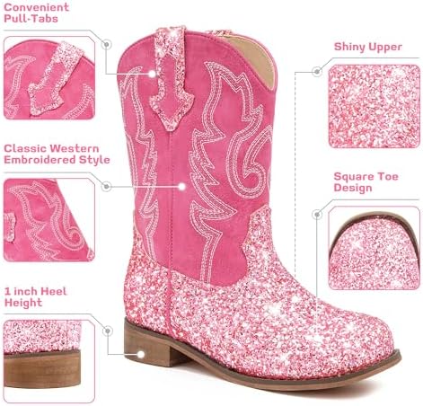 Girls Cowgirl Boots Unisex-Child Mid Calf Glitter Toddler Cowboy Boot Little Big Kids Western Riding Shoes