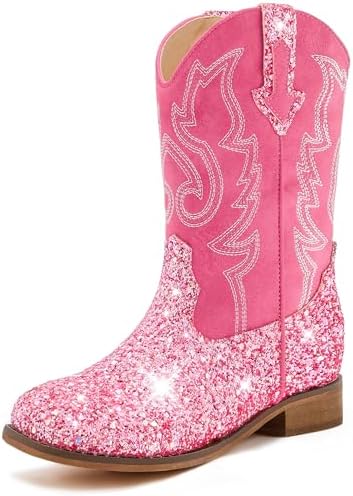 Girls Cowgirl Boots Unisex-Child Mid Calf Glitter Toddler Cowboy Boot Little Big Kids Western Riding Shoes