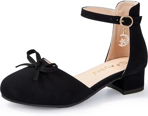 Girls Dress Shoes Closed Toe Heels Bowknot Ankle Strap Flower Pump Shoes Party Wedding School Sandals for Toddler Little Big Kid