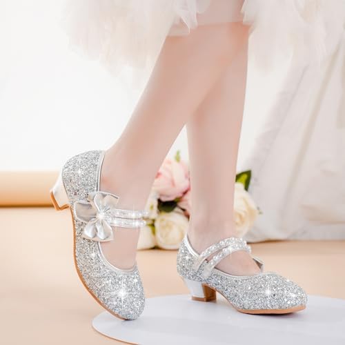 Girls Dress Shoes - Flower Girl Shoes With Low Heel Pump Glitter Princess Heels For Toddler To Big Kids - Birthday Christmas Wedding & Party Occasions