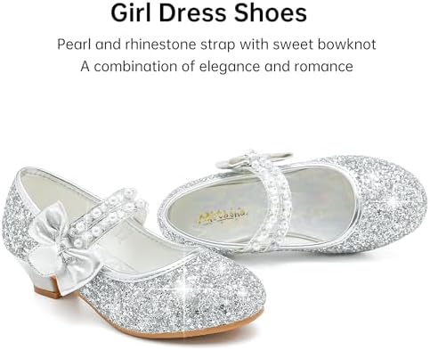 Girls Dress Shoes - Flower Girl Shoes With Low Heel Pump Glitter Princess Heels For Toddler To Big Kids - Birthday Christmas Wedding & Party Occasions