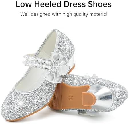 Girls Dress Shoes - Flower Girl Shoes With Low Heel Pump Glitter Princess Heels For Toddler To Big Kids - Birthday Christmas Wedding & Party Occasions