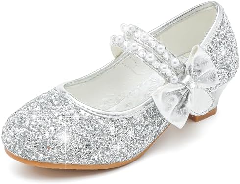 Girls Dress Shoes - Flower Girl Shoes with Low Heel Pump Glitter Princess Heels for Toddler to Big Kids - Birthday Christmas Wedding & Party Occasions
