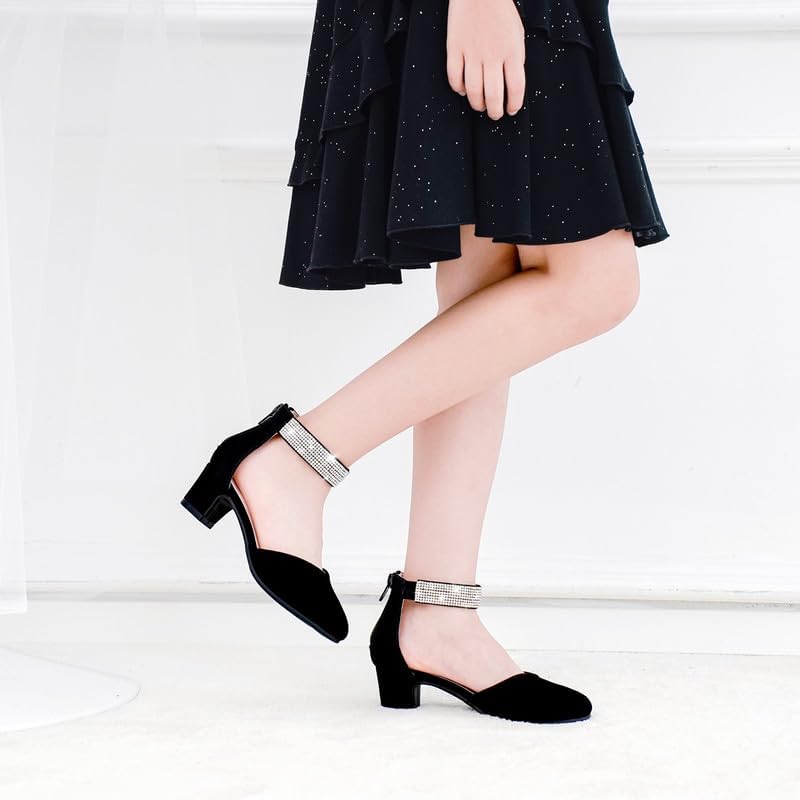 Girls Dress Shoes With Rhinestone Ankle Strap Closed Toe High Heels For Little Big Kids Wedding Party