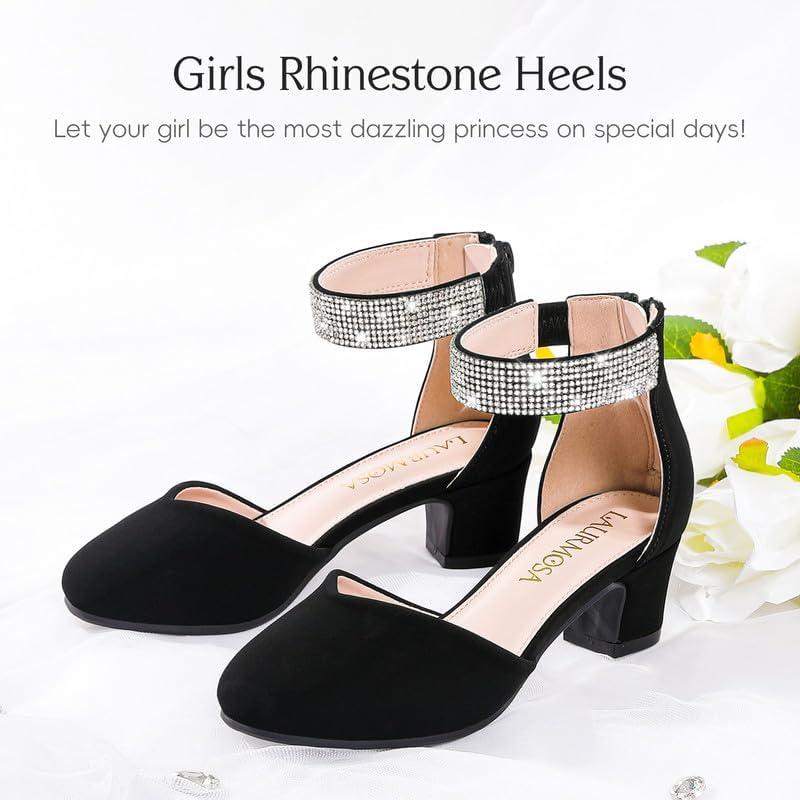 Girls Dress Shoes With Rhinestone Ankle Strap Closed Toe High Heels For Little Big Kids Wedding Party