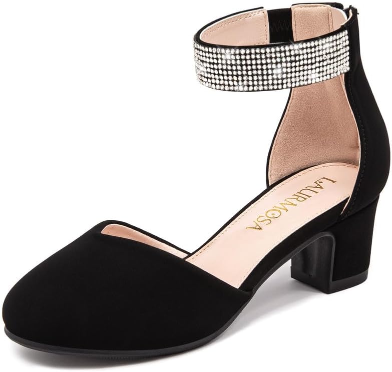Girls Dress Shoes with Rhinestone Ankle Strap Closed Toe High Heels for Little Big Kids Wedding Party