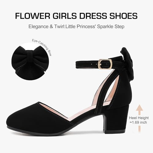 Girls Heels Dress Shoes Flower Girl Pumps With Cute Bow Closed Toe High Heels Adjustable Buckles Wedding Party