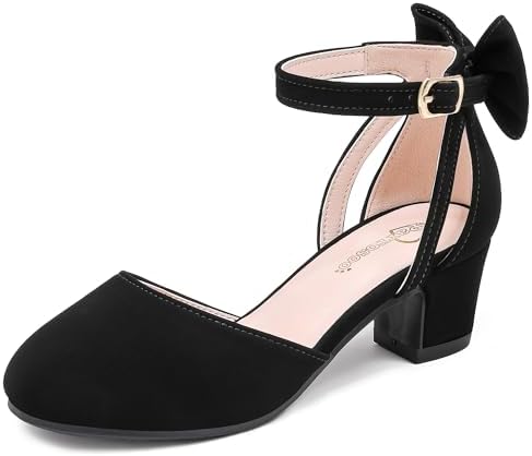 Girls Heels Dress Shoes Flower Girl Pumps with Cute Bow Closed Toe High Heels Adjustable Buckles Wedding Party