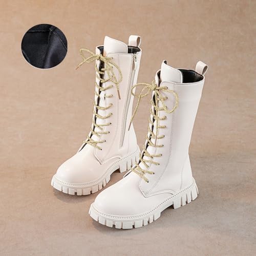Girls Lace Up Riding Boots Mid Calf Combat Boots Fashion Waterproof PU Leather Side Zipper Punk Goth Boot 4-12 Years