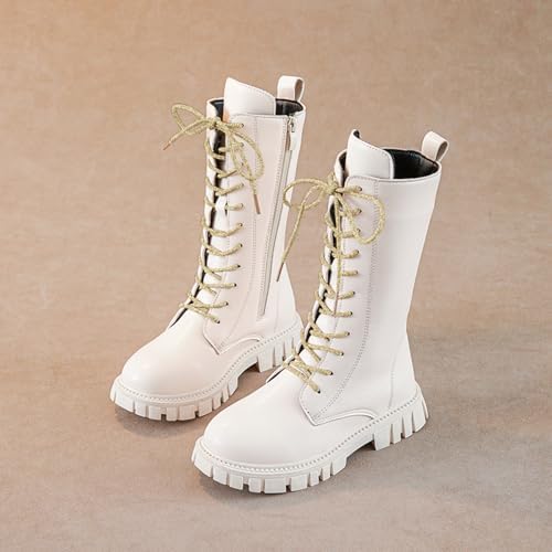 Girls Lace Up Riding Boots Mid Calf Combat Boots Fashion Waterproof PU Leather Side Zipper Punk Goth Boot 4-12 Years