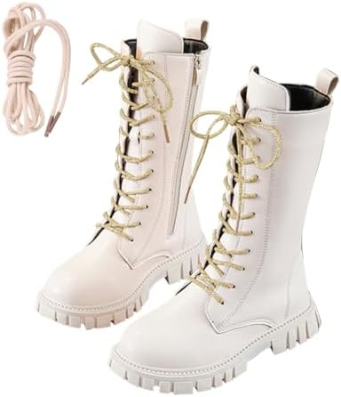 Girls Lace Up Riding Boots Mid Calf Combat Boots Fashion Waterproof PU Leather Side Zipper Punk Goth Boot 4-12 Years