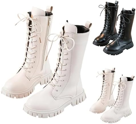 Girls Lace Up Riding Boots Mid Calf Combat Boots PU Leather Side Zipper Punk Goth Boot 4-11 Years
