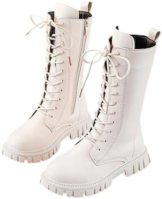 Girls Lace Up Riding Boots Mid Calf Combat Boots PU Leather Side Zipper Punk Goth Boot 4-11 Years