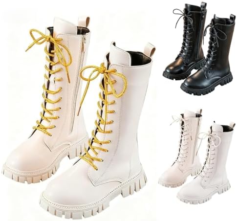 Girls Lace Up Riding Boots Mid Calf Combat Boots PU Leather Side Zipper Punk Goth Boot 4-11 Years
