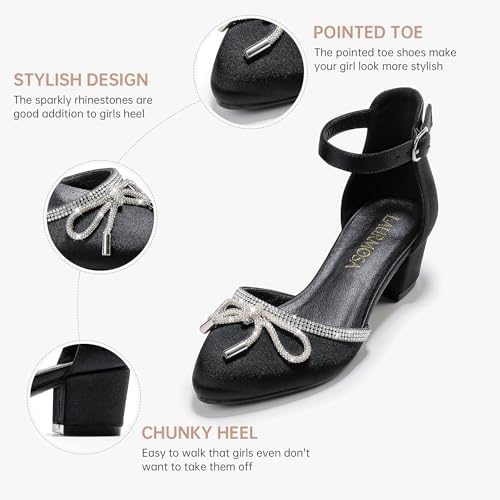 Girls Sandals Closed Toe High Heels Pointed Toe Ankle Strap Pumps Flower Girl Dressy Shoes In Wedding Party Cute Bowknot Chunky Block Heeled For Little Big Kids