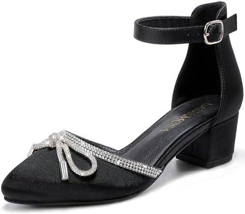 Girls Sandals Closed Toe High Heels Pointed Toe Ankle Strap Pumps Flower Girl Dressy Shoes in Wedding Party Cute Bowknot Chunky Block Heeled for Little Big Kids