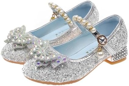 Girls Sparkly Low Heel Dress Shoes Glitter Flower Mary Jane Princess Shoe Party Wedding Prom Footwear for Toddler/Little Kids