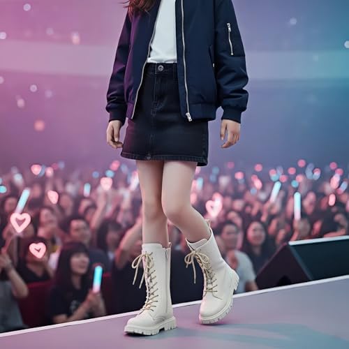 Girls White Lace-Up Combat Boots With Side Zipper Knee-High Lug Sole Dress/School Boots – Toddler/Little/Big Kids