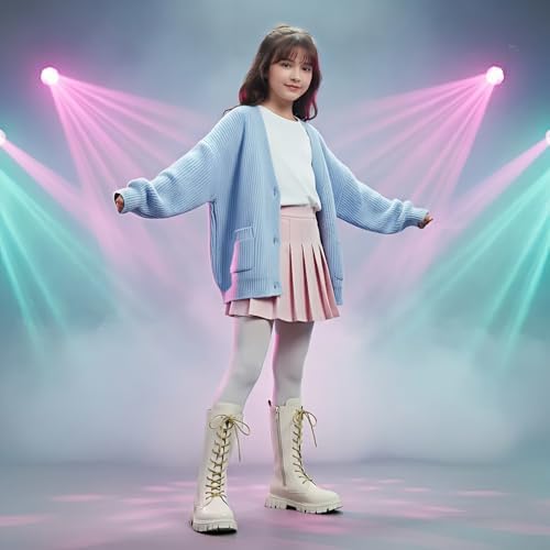 Girls White Lace-Up Combat Boots With Side Zipper Knee-High Lug Sole Dress/School Boots – Toddler/Little/Big Kids