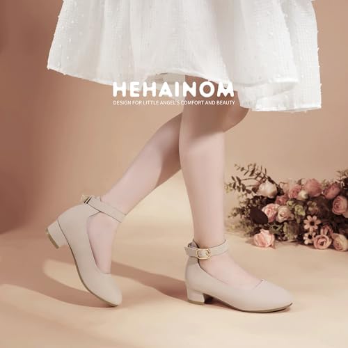 Hehainom Girls Dress Shoes Ankle Strap Flower Girl Heels For Little Big Kids Heels Wedding Church Party Shoes