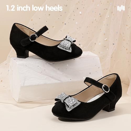 Hehainom Girls Mary Jane Dress Shoes Rhinestones Bows Flower Girl Wedding Princess Low Heels Toddler Little Kids Pump Shoes
