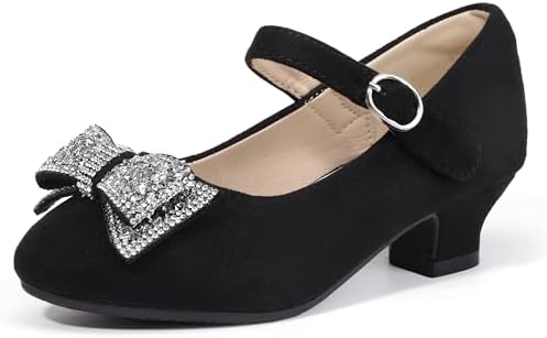 Hehainom Girls Mary Jane Dress Shoes Rhinestones Bows Flower Girl Wedding Princess Low Heels Toddler Little Kids Pump Shoes