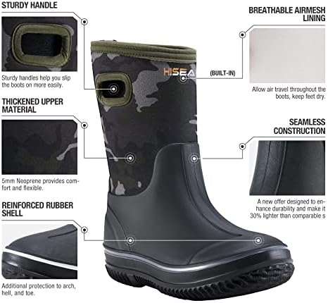 HISEA Kids Rain Boots For Boys Girls Waterproof Insulated Rubber Neoprene Boots Seamless Outdoor Rainboot With Handles All Weather Mud Boots For Rain Water Snow And Winter (Little Kid/Big Kid)