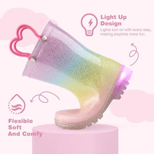 HISEA Kids Rain Boots For Boys Girls Waterproof Lightweight Rain Boots Light Up By Steps For Water Beach Outdoor Playing (Toddler/Little Kid/Big Kid)