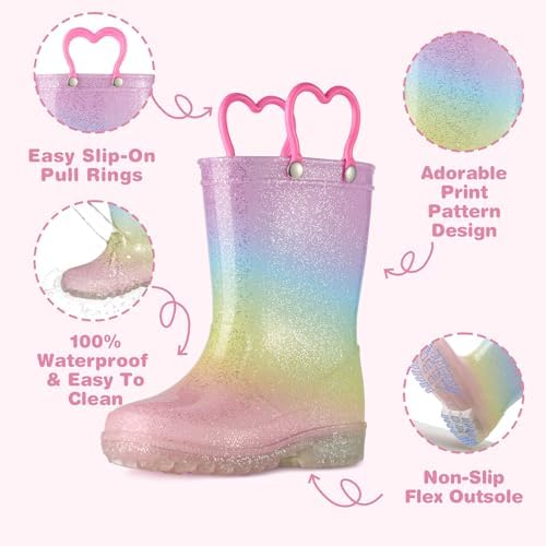 HISEA Kids Rain Boots For Boys Girls Waterproof Lightweight Rain Boots Light Up By Steps For Water Beach Outdoor Playing (Toddler/Little Kid/Big Kid)