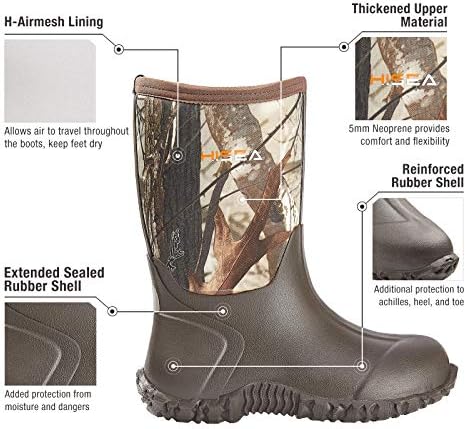 HISEA Kids Rain Boots Waterproof Neoprene Rubber Mud Boots Youth Rainboots Mid Calf Rain Shoes For Toddlers Kid Children Boys & Girls