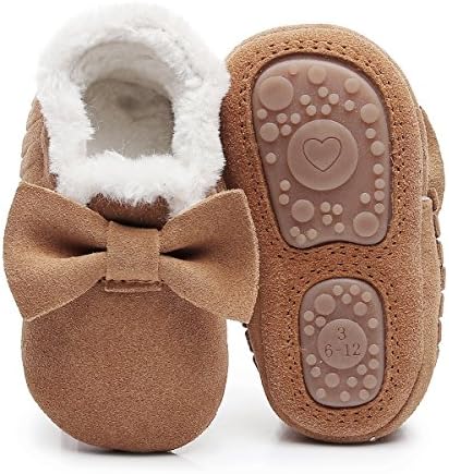 HONGTEYA Baby Moccasins with Fur Fleece Rubber Soles Warm Snow Boots Leather Baby Shoes for Boys Girls…