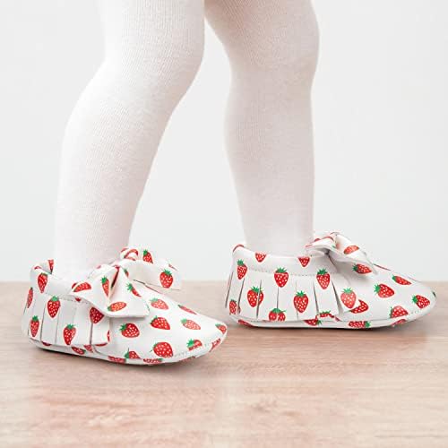 HONGTEYA Baby Moccasins With Rubber Sole&Soft Sole - Flower Print PU Leather Tassel Bow Girls Ballet Dress Shoes For Toddler