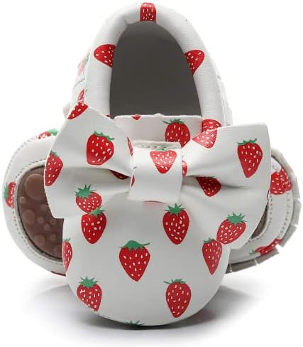 HONGTEYA Baby Moccasins with Rubber Sole&Soft Sole - Flower Print PU Leather Tassel Bow Girls Ballet Dress Shoes for Toddler