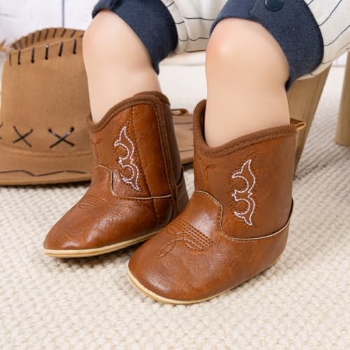HsdsBebe Baby Boys Girls Western Cowboy Boots Infant Moccasins High Top Booties Toddler Soft Sole Non-Slip First Walker Crib Shoes
