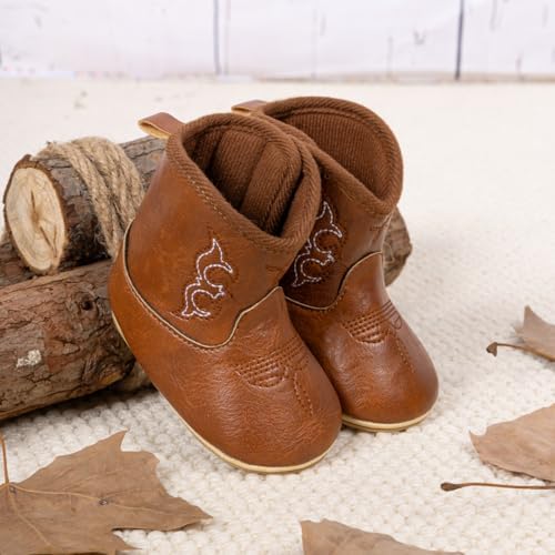 HsdsBebe Baby Boys Girls Western Cowboy Boots Infant Moccasins High Top Booties Toddler Soft Sole Non-Slip First Walker Crib Shoes
