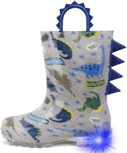 HugRain Toddler Boys Adorable Dinosaur Light Up Rain Boots