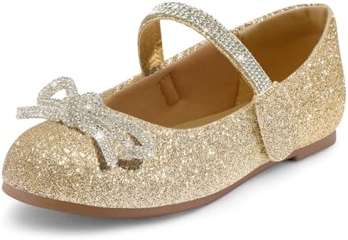K KomForme Girl's Bow Mary Jane Dress Shoes Ballet Princess Flats with Rhinestone Strap for Party Wedding School Toddler/Little Kid/Big Kid