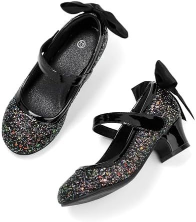 K KomForme Girls Dress Shoes Glitter Mary Jane Pumps With Bow Low Heel Party Wedding Princess Shoes (Toddler/Little Kids/Big Kids)