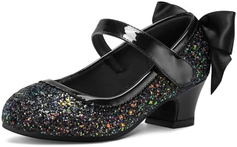 K KomForme Girls Dress Shoes Glitter Mary Jane Pumps with Bow Low Heel Party Wedding Princess Shoes (Toddler/Little Kids/Big Kids)