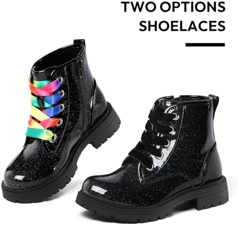 K KomForme Girls Glitter Ankle Boots Lace Up Waterproof Combat Shoes With Side Zipper For Toddler/Little Kid/Big Kid