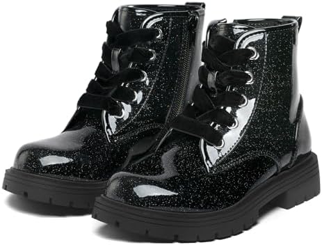 K KomForme Girls Glitter Ankle Boots Lace Up Waterproof Combat Shoes With Side Zipper For Toddler/Little Kid/Big Kid