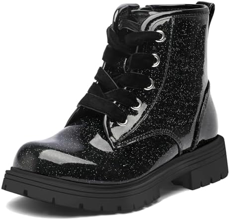 K KomForme Girls Glitter Ankle Boots Lace Up Waterproof Combat Shoes With Side Zipper for Toddler/Little Kid/Big Kid