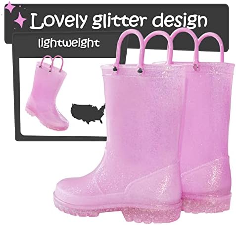 K KomForme Girls Rain Boots Kids Glitter Waterproof Boots With Easy-on Handles