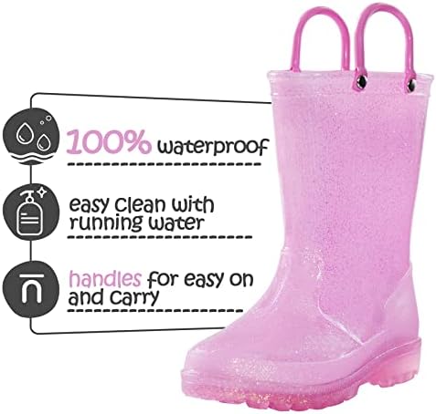 K KomForme Girls Rain Boots Kids Glitter Waterproof Boots With Easy-on Handles