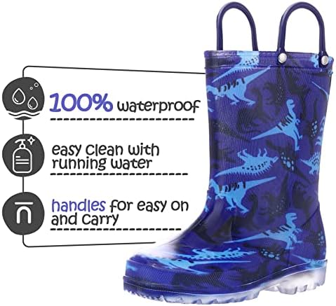 K KomForme Kids Rain Boots Waterproof Light Up Boots With Easy-on Handles