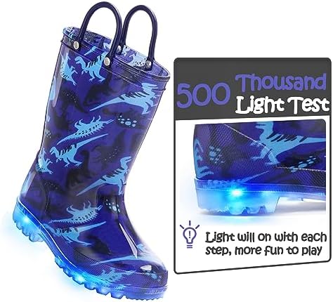 K KomForme Kids Rain Boots Waterproof Light Up Boots With Easy-on Handles