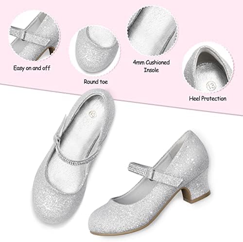 K KomForme Mary Jane Shoes With Low Heel Rhinestones Princess Flats Dress Pump Shoes For Little Kid/Big Kid