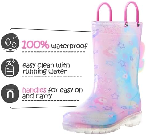 K KomForme Toddler Light Up Rain Boots For Girls Boys Waterproof Rain Boots With Handles Outdoors