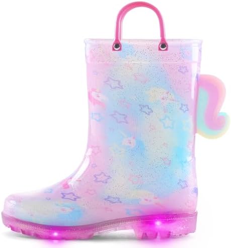 K KomForme Toddler Light Up Rain Boots for Girls Boys Waterproof Rain Boots with Handles Outdoors
